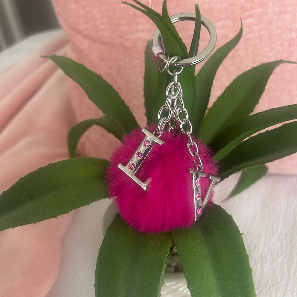 Pink Fluffy Keychain with Silver Initials